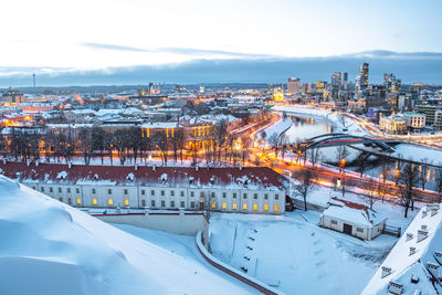 High angle view of city during winter