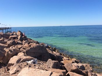 Scenic view of sea against clear blue sky