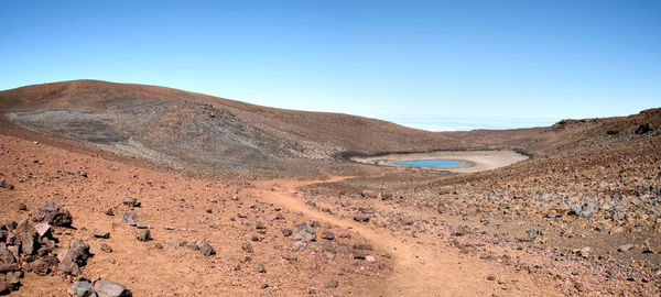 Scenic view of desert against clear blue sky