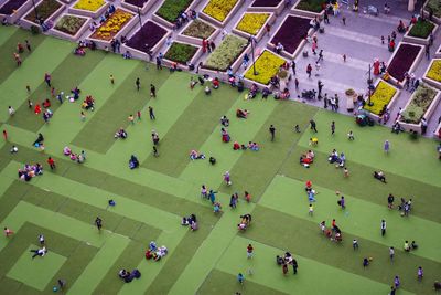 High angle view of people in town square