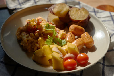 High angle view of food in plate on table