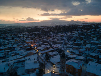 High angle view of townscape against sky during sunset