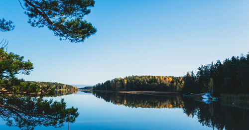 Scenic view of lake against clear blue sky