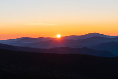 Scenic view of silhouette mountains against sky during sunset