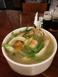 Close-up of soup in bowl on table