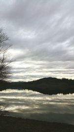 Scenic view of lake against cloudy sky