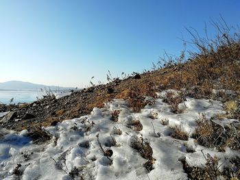 Snow covered land against clear sky