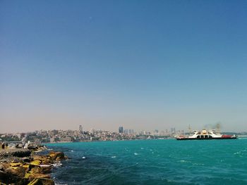 Scenic view of sea against clear blue sky