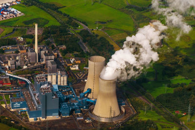 Aerial view new modern power station. cooling towers, aerial view.