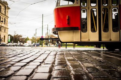 Surface level of railroad tracks against sky