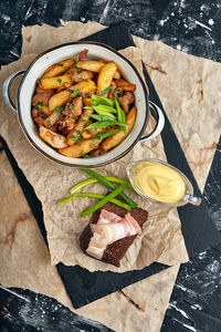 High angle view of meal served on table