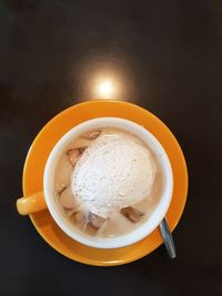 High angle view of tea in bowl on table