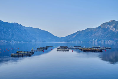 Morning seascape, fish farms on the background of mountains in montenegro