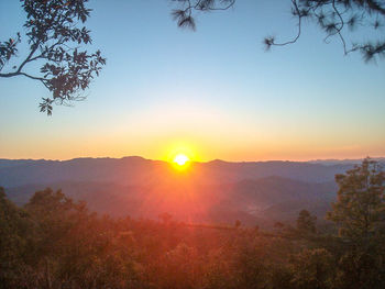 Scenic view of landscape against clear sky during sunset