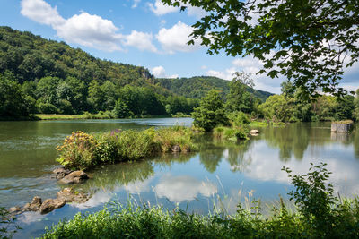 Scenic view of lake by trees against sky