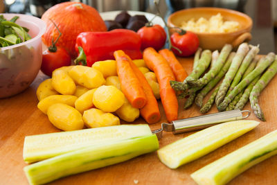 High angle view of vegetables on table