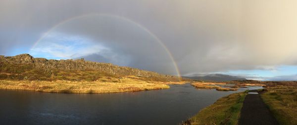 Panoramic view of rainbow over lake against sky