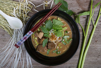 High angle view of soup in bowl on table