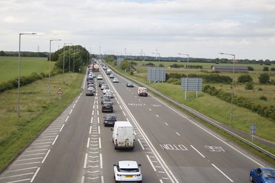 High angle view of highway on street against sky