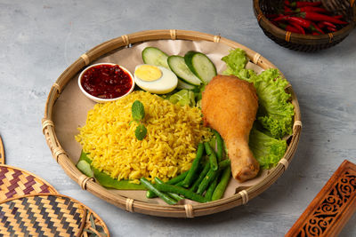 High angle view of fruits in plate on table