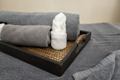 Close-up of towels on table