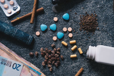 Directly above shot of various objects on slate