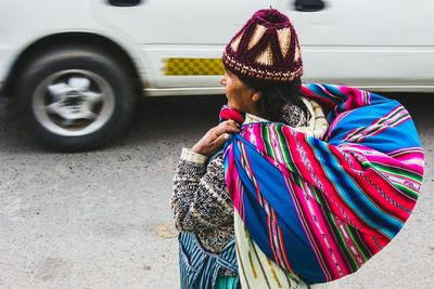 Rear view of woman in bus