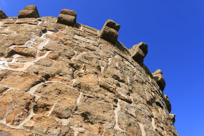 Low angle view of cliff against clear blue sky