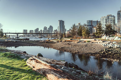 Scenic view of river by buildings against clear sky