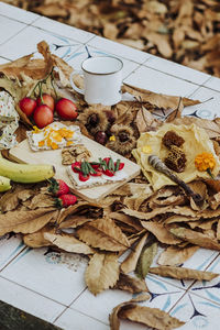 High angle view of dried fruits on table