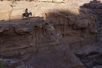 Distant view of man sitting on donkey at rocky mountain