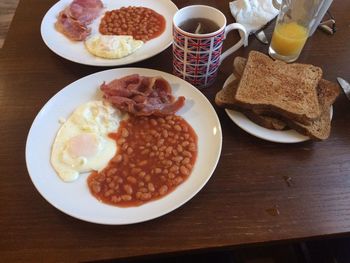 High angle view of breakfast on table