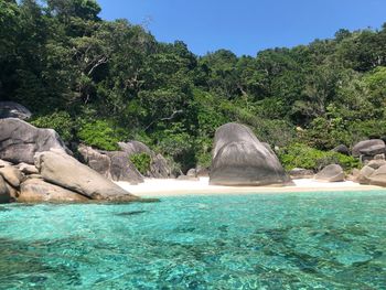 Scenic view of sea against rocks