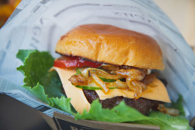 Close-up of burger in plate