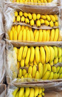 Many full boxes with ripe bananas for sale at mark