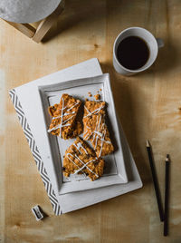 High angle view of breakfast on table