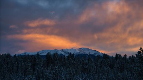 Scenic view of snowcapped mountains against sky during sunset