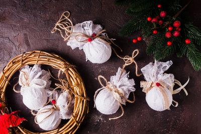 High angle view of christmas decoration on table