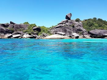 Scenic view of sea against clear blue sky