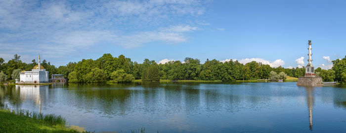 Scenic view of lake against cloudy sky