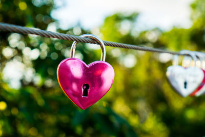 Close-up of heart shape padlocks hanging on cable