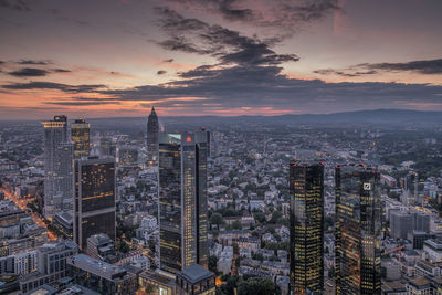 Aerial view of city at sunset