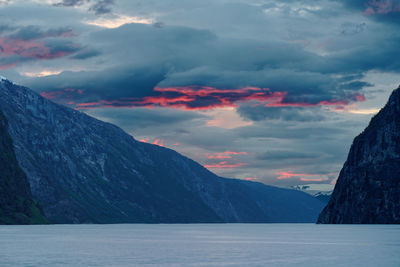 Scenic view of snowcapped mountains against sky during sunset