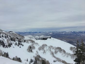 Scenic view of snow covered mountains against sky