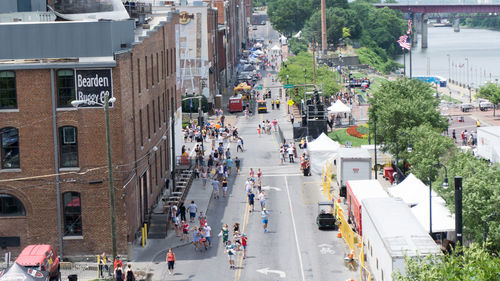 People walking on city street