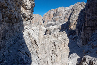 Low angle view of rocky mountains against sky