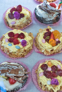 High angle view of cupcakes on table