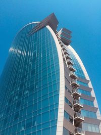 Low angle view of modern building against clear blue sky