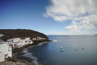 Scenic view of sea by buildings against sky