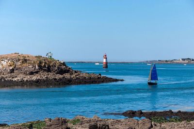 Scenic view of sea against clear blue sky